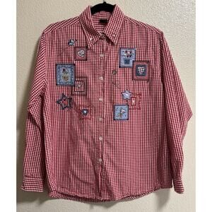 VTG Patchwork Button Up Shirt Red Gingham Plaid Embroidered Western Womens Sz M